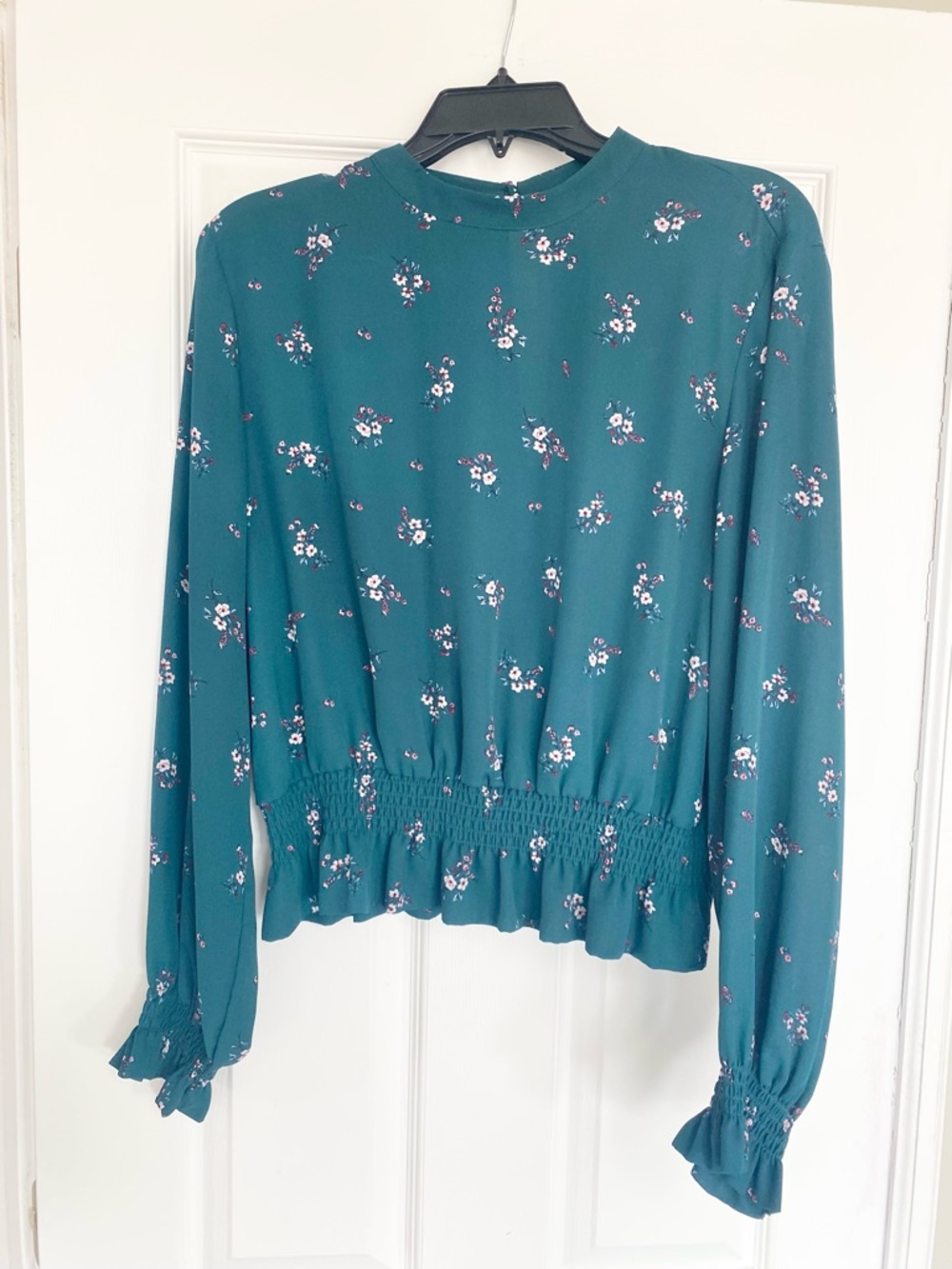 H&M Teal Floral Long-Sleeve Smocked-Hem Blouse